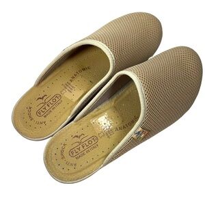 Flyflot Anatomic Clogs Italian Comfort Anti Shock Beige Mesh Leather Wedge Mules